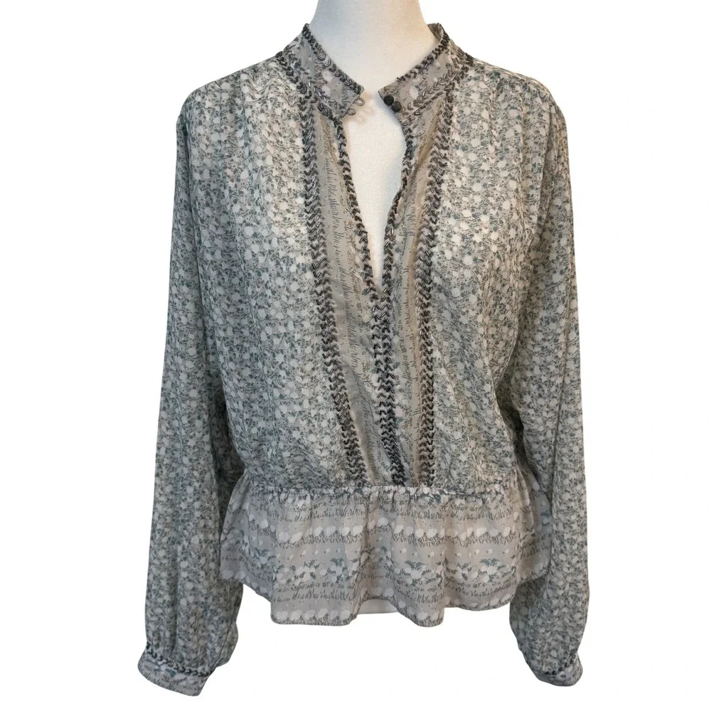 Free People If I Had You Ruffled Blouse M‎ Sheer Boho Floral Long Sleeve Cottage